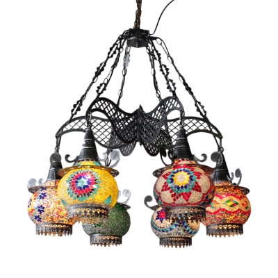 Black 6/8 Bulbs Hanging Chandelier Art Deco Stained Glass Lantern Down Lighting Pendant, 26