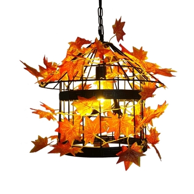 Black House Pendant Lighting Fixture Industrial Metal 1 Head Restaurant LED Hanging Ceiling Light with Maple Leaf