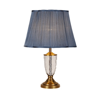 Blue 1 Light Table Lamp Traditionalist Clear Crystal Glass Barrel Nightstand Light with Fabric Gathered Empire Shade