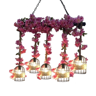 Caged Restaurant Island Ceiling Light Retro Metal 5 Heads Black Drop Lamp with Flower Decor