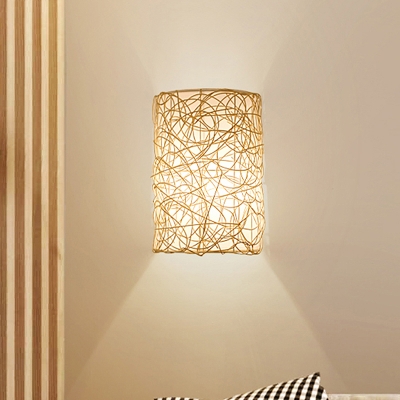 Chinese 1 Bulb Wall Lamp White Half-Cylinder Sconce Light Fixture with Rattan Shade