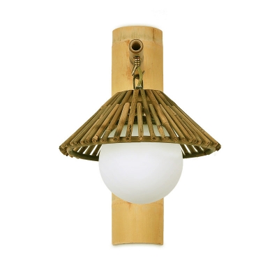 Cone Wood Wall Lamp Asian 1 Bulb Beige Sconce Light Fixture with Ball White Glass Shade