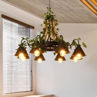 Conical Metal Chandelier Light Industrial 6/8 Bulbs Restaurant LED Hanging Lamp in Black with Plant