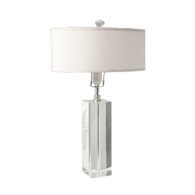 Drum Bedroom Table Light Traditionalism Fabric 1 Bulb White Night Lamp with Rectangle Crystal Accent