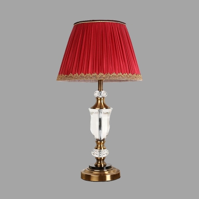 Fabric Red Night Lamp Tapered Single Head Traditionalism Table Light with Metal Round Pedestal