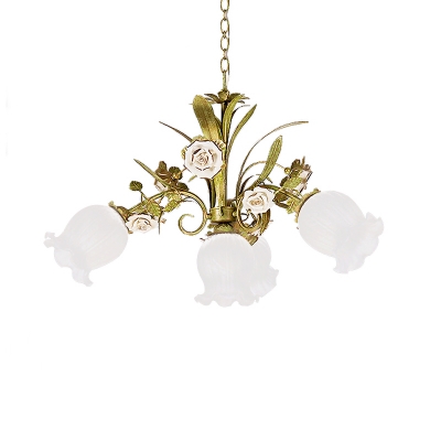 Floral Cream Glass Chandelier Light Traditionalism 4/7/9 Bulbs Bedroom LED Pendant Lamp in Green