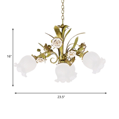 Floral Cream Glass Chandelier Light Traditionalism 4/7/9 Bulbs Bedroom LED Pendant Lamp in Green
