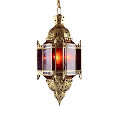 Lantern Metal Ceiling Chandelier Antiqued 3 Heads Restaurant Pendant Light in Brass with Red Glass Shade