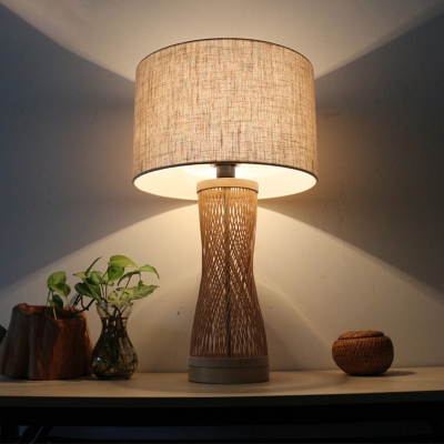 Laser Cut Bamboo Task Light Asian 1 Bulb Flaxen Desk Lamp with Drum Fabric Shade
