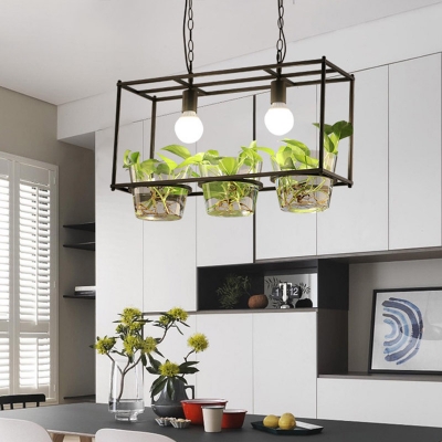 Metal Black/Gold Ceiling Pendant with Plant Deco Rectangle 2 Heads Industrial Island Light