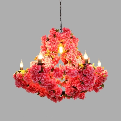 Metal Pink Hanging Chandelier Cherry Blossom 7 Heads Antique LED Drop Pendant for Restaurant