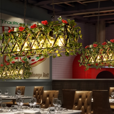 Metal Red/Green Island Pendant Light Rectangular 6 Bulbs Industrial LED Ceiling Suspension Lamp with Flower/Plant