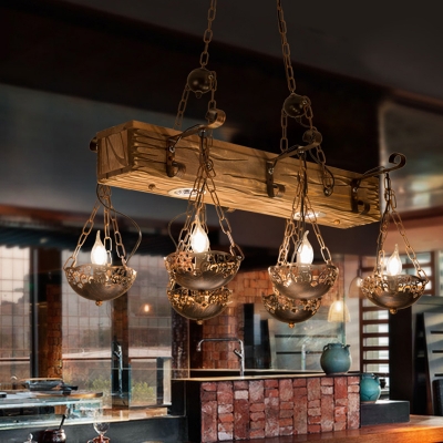 Metallic Rust Island Light Round/Scalloped 8 Lights Industrial Style Linear Pendant for Dining Room
