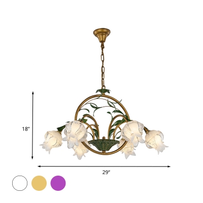 Traditional Flower Hanging Pendant 6 Heads White/Yellow/Purple Glass Chandelier Lighting Fixture for Dining Room