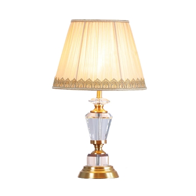 Traditionalist Drum Nightstand Light Single Bulb Fabric Table Lamp in Beige with Braided Trim