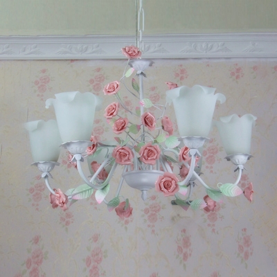 White Glass Blossom Chandelier Lighting Country Style 6 Heads Living Room Pendant Light Fixture