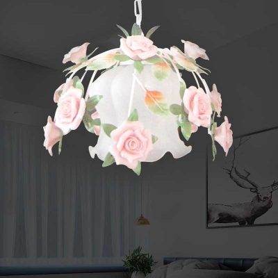 White Glass Rose Suspension Light Romantic Pastoral 1 Light Restaurant LED Drop Pendant