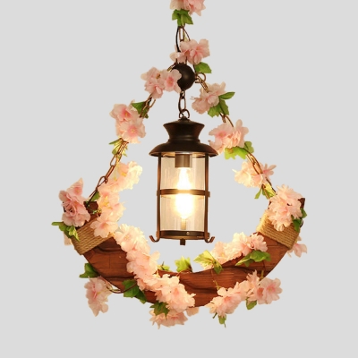 Wooden Pink/Green Hanging Light Lantern 1 Light Industrial LED Ceiling Lamp with Plant/Cherry Blossom for Restaurant