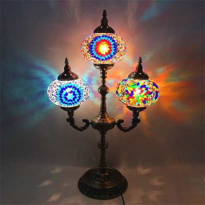 Yellow/Blue Sphere Table Lighting Traditional Stained Glass 3 Lights Coffee Shop Night Lamp