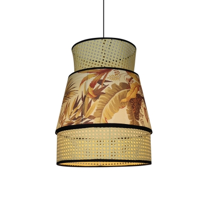 1 Bulb Restaurant Hanging Lamp Asian Beige Ceiling Pendant Light with Flared Rattan Shade
