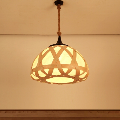 1 Head Living Room Ceiling Lamp Asian Beige Hanging Pendant Light with Domed Wood Shade