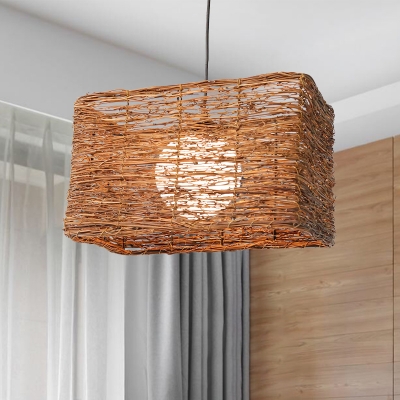 1 Head Living Room Pendant Lamp Asian Brown Ceiling Hanging Light with Rectangle Rattan Shade