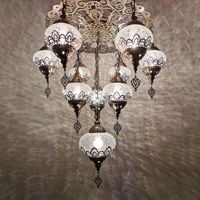 10 Bulbs Crackle Glass Chandelier Lamp Art Deco Bronze 3 Layer Coffee Shop Hanging Light Fixture