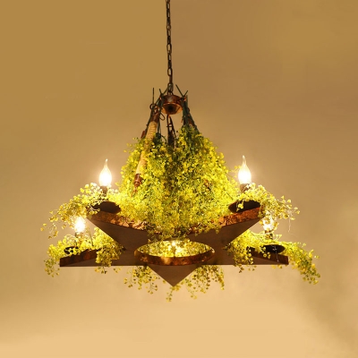 5 Bulbs Chandelier Light Industrial Star Metal LED Suspension Lamp in Green with Plant Decoration