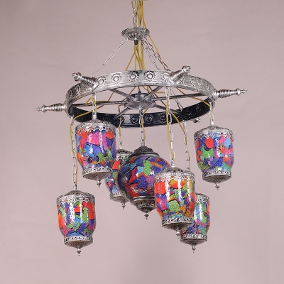 7 Bulbs Chandelier Pendant Light Art Deco Gyroscope Shape Purple Glass Hanging Ceiling Lamp with Rudder Accent