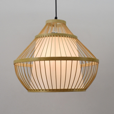 Bamboo Droplet Hanging Light Asia 1 Head Beige Suspended Lighting Fixture with Cone White Parchment Shade