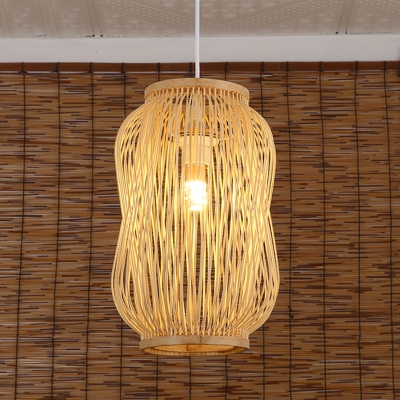 Bamboo Lantern Pendant Lighting Chinese 1 Head Beige Ceiling Suspension Lamp for Tearoom