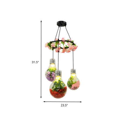 Black 3 Heads Cluster Pendant Industrial Clear Glass Bulb Shape LED Flower Suspension Light for Restaurant
