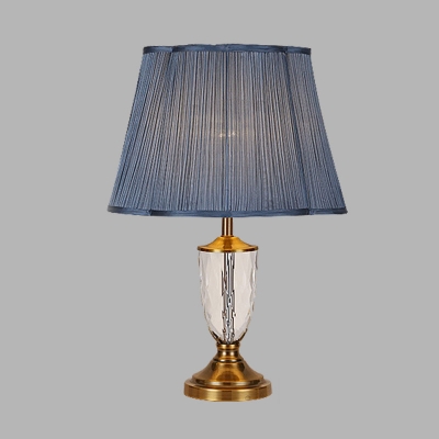 Blue 1 Light Table Lamp Traditionalist Clear Crystal Glass Barrel Nightstand Light with Fabric Gathered Empire Shade