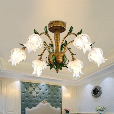 Brass 6 Heads Semi Flush Light Vintage White/Yellow Glass Floral LED Ceiling Fixture for Bedroom