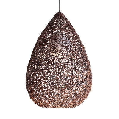 Brown Teardrop Pendant Lighting Japanese 1 Head Rattan Ceiling Suspension Lamp for Living Room