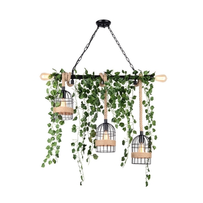 Caged Metal Island Chandelier Antique 5 Heads Restaurant Ceiling Light in Pink/Green with Flower/Plant Decor