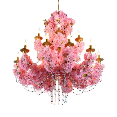 Candle Restaurant Chandelier Light Vintage Metal 12 Heads Pink Flower Pendant Lighting Fixture