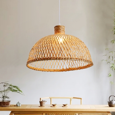 Chinese 1 Head Pendant Lighting Wood Hemisphere Ceiling Hanging Light with Bamboo Shade
