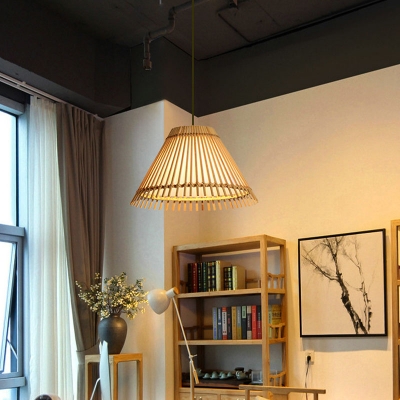 Conical Pendant Lamp Chinese Bamboo 1 Head Beige Ceiling Hanging Light for Living Room