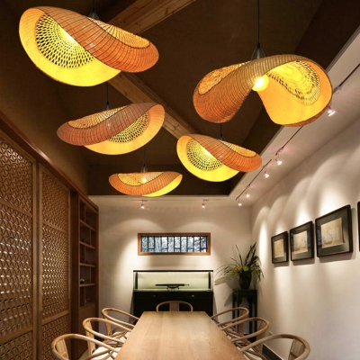 Curved Pendant Lighting Asia Bamboo 1 Bulb Beige Hanging Light Fixture for Dining Room