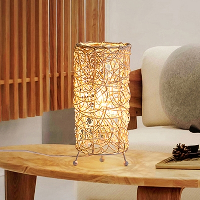 Cylindrical Desk Light Chinese Bamboo 1 Head Task Lighting in White/Coffee for Living Room