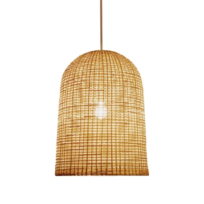 Elongated Dome Ceiling Light Chinese Bamboo 1 Bulb Pendant Lighting Fixture in Beige