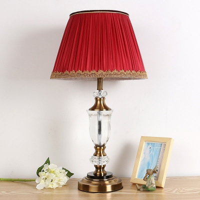 Fabric Red Night Lamp Tapered Single Head Traditionalism Table Light with Metal Round Pedestal