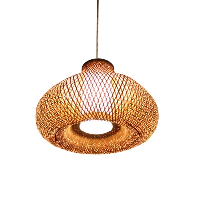 Flaxen Jar Pendant Light Asia 1 Bulb Bamboo Ceiling Suspension Lamp with White Tube Parchment Shade
