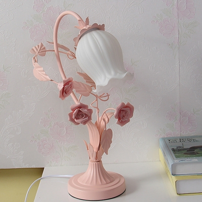 Floral Frosted Glass Table Light Country Style 1 Head Restaurant Nightstand Lamp in White/Pink/Blue