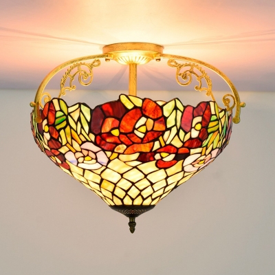 Flower Ceiling Mounted Light 3 Lights Stained Glass Mediterranean Ceiling Lamp in Yellow