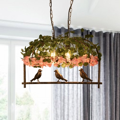 Industrial Birdcage Island Light Fixture 2/3/4 Bulbs Metal Ceiling Suspension Lamp in Brass with Flower Decor