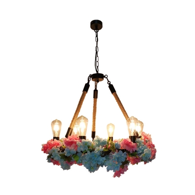 Industrial Exposed Bulb Ceiling Chandelier 6 Bulbs Metal LED Hanging Light Fixture in Black with Cherry Blossom