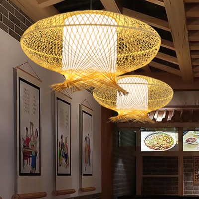 Khaki Handmade Pendant Lamp Asian 1 Bulb Bamboo Hanging Ceiling Light with Inner Tube White Parchment Shade