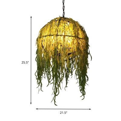 Metal Green Hanging Chandelier Globe 4 Lights Industrial Pendant Lighting with Plant Decor